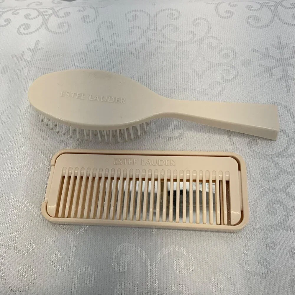 Vintage Estee Lauder Beige Hair Brush & Comb Set‎ With Mirror